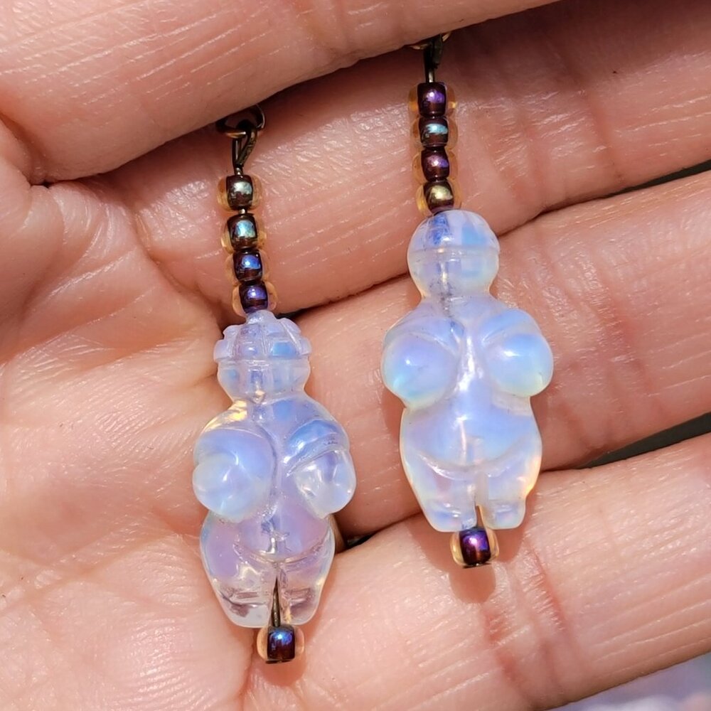 Handmade opalite goddess Venus fertility earth Pachamama rainbow beads gold earr